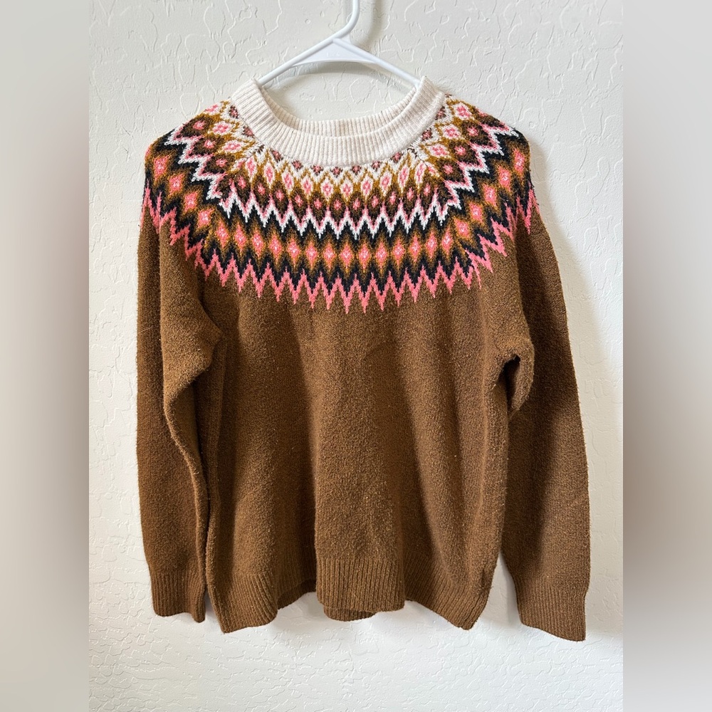 Cozy Brown Fair Isle Yoke Sweater with Pink Accents